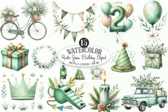 Download Rustic Green Birthday Watercolor Clipart - Green Collection